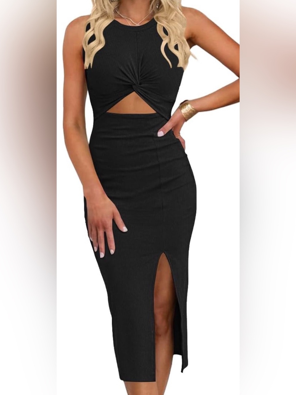 OTEN Black Ribbed Twist Front Cutout Midi Dress Small